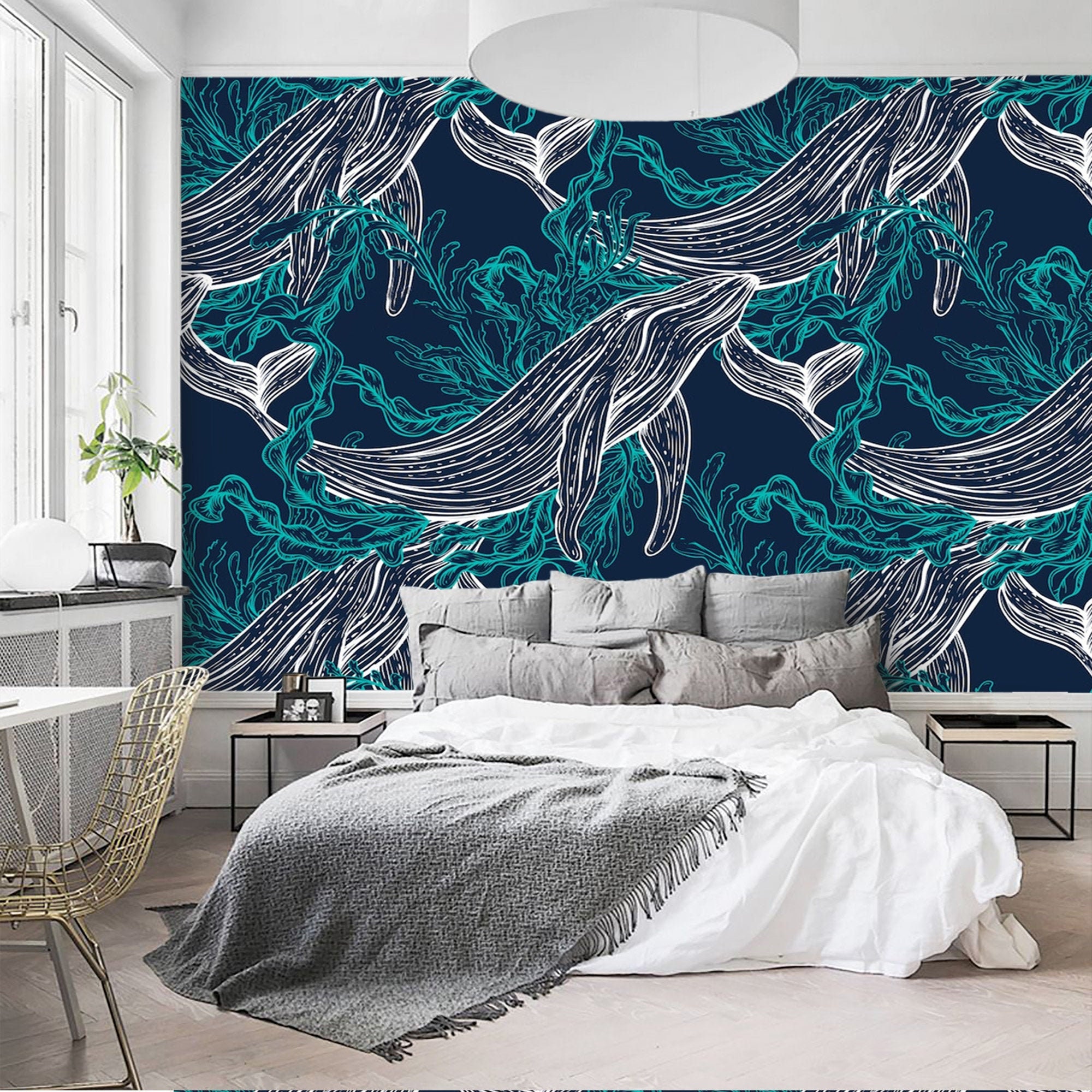 Wallpaper Nautical Peel and stick Wall Paper Whale Underwater Etsy