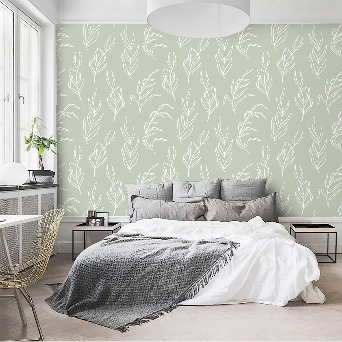 Delicate Leaves Sage Green Wallpaper Peel and Stick or | Etsy