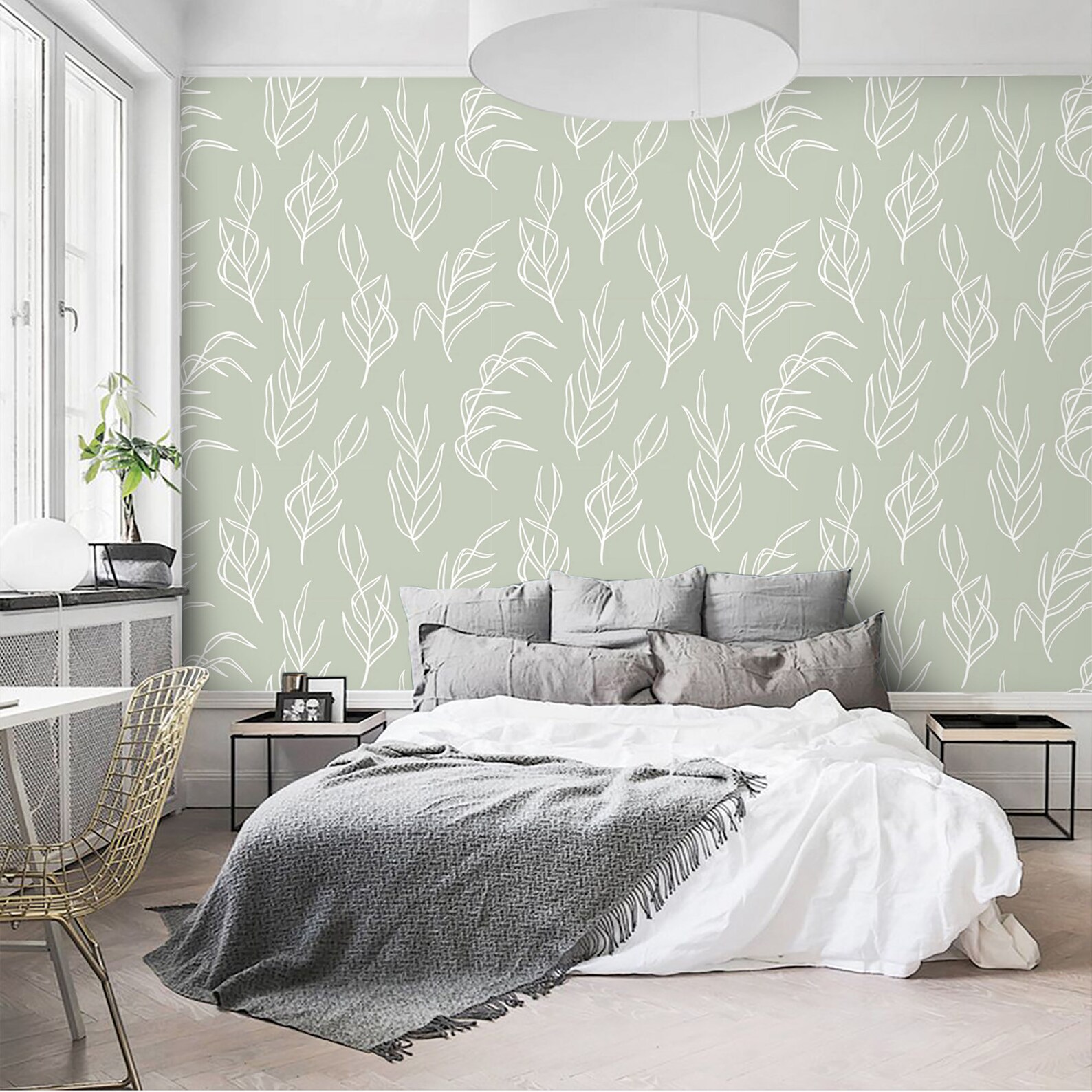 Delicate Leaves Sage Green Wallpaper Peel and Stick or | Etsy