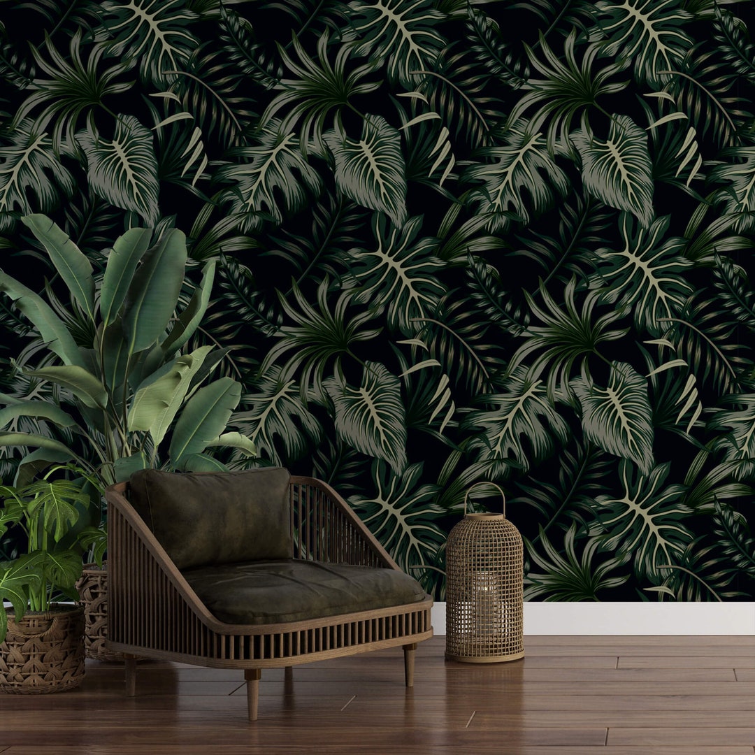 Dark Tropical Wallpaper Rainforest Palm Leaves Peel and Stick or ...