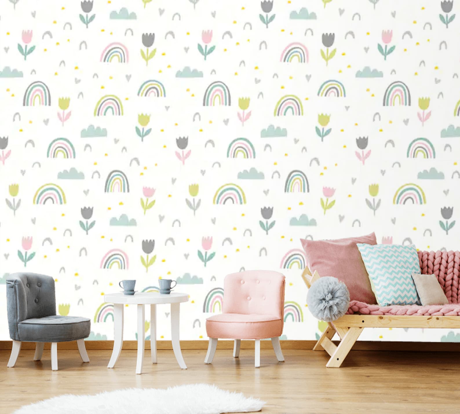 Wallpaper Nursery Baby Girl Room Wallpaper Kids Rainbow Floral Etsy