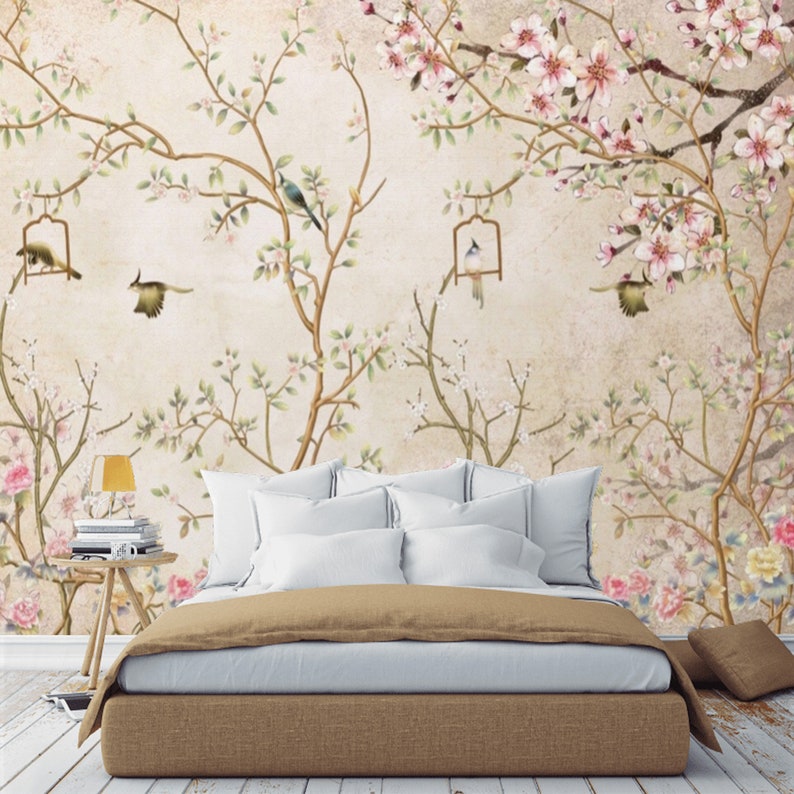 Chinoiserie Wallpaper Birds Wall Mural Peel and Stick Mural Etsy