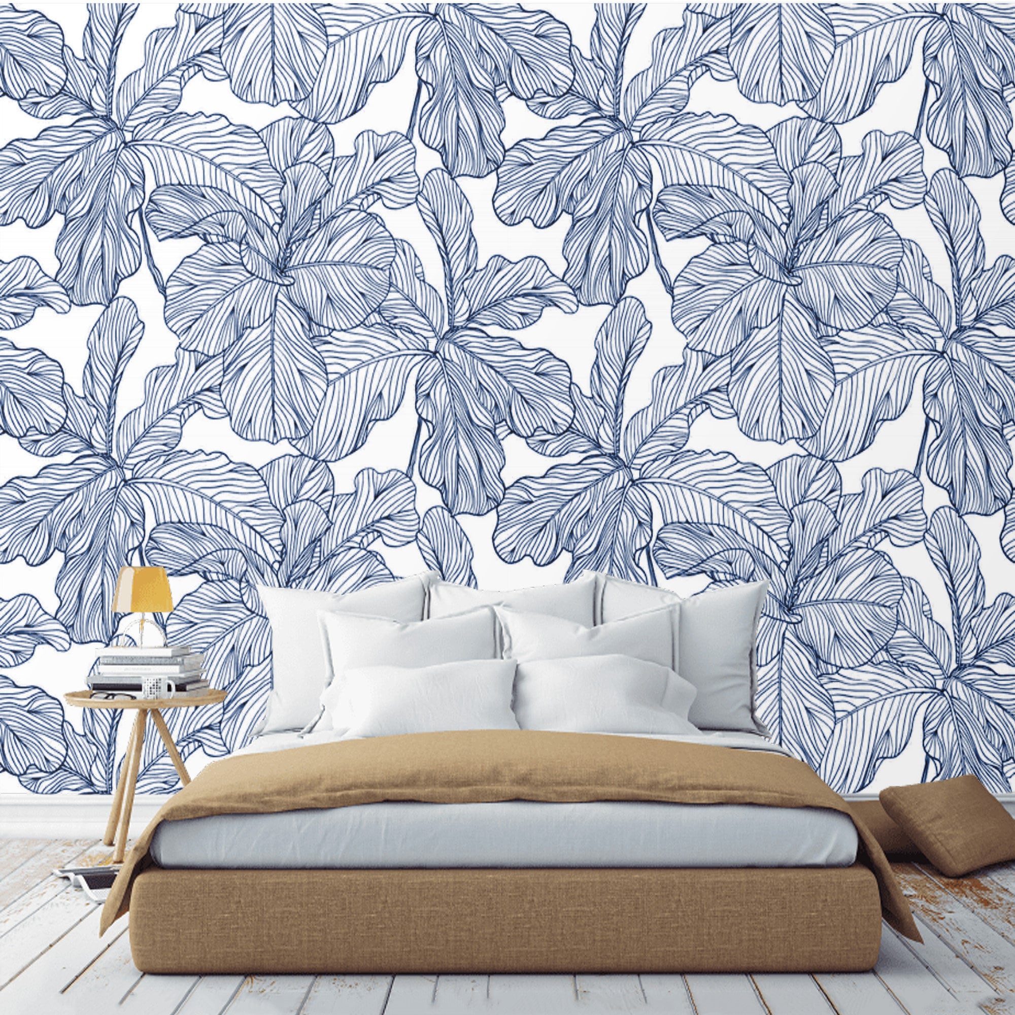 Peel and stick Wallpaper Leaves Blue and White Removable Self Etsy