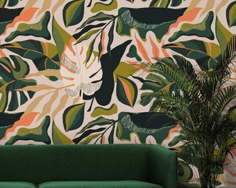 Tropikalna tapeta z egzotycznymi liśćmi, zdejmowana i przyklejana lub tradycyjna tapeta akcentowa w żywych kolorach