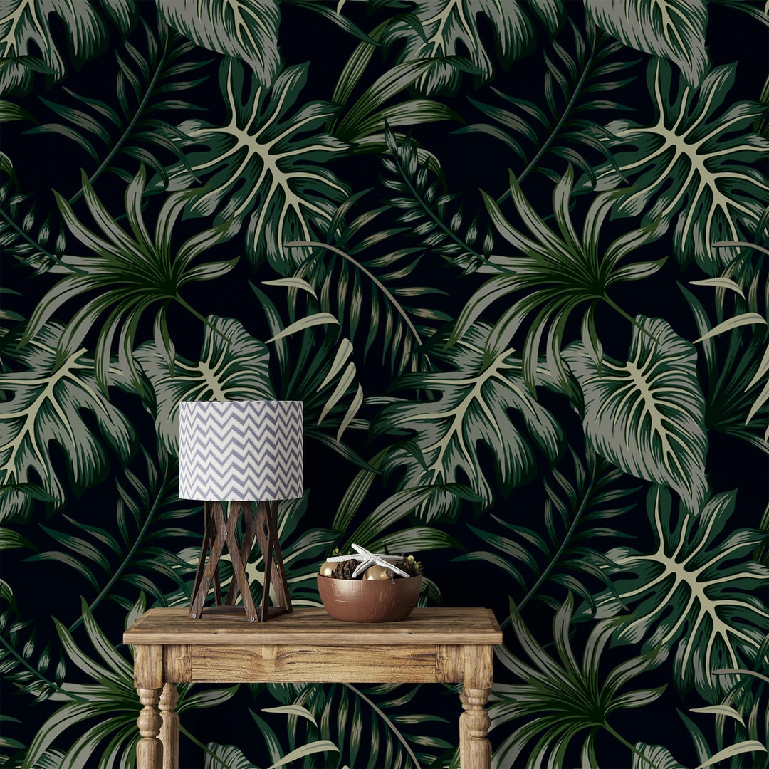 Dark Tropical Wallpaper Rainforest Palm Leaves Peel and Stick or ...