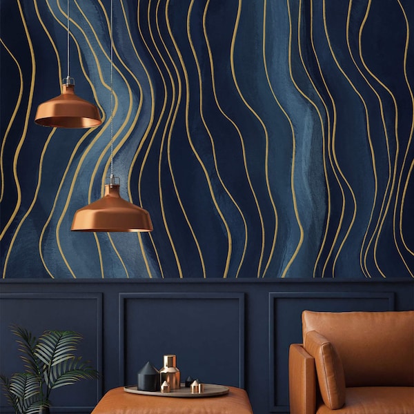 Abstract wallpaper mural Deep blue navy large art wall mural Peel and stick removable or Traditional accent wall mural