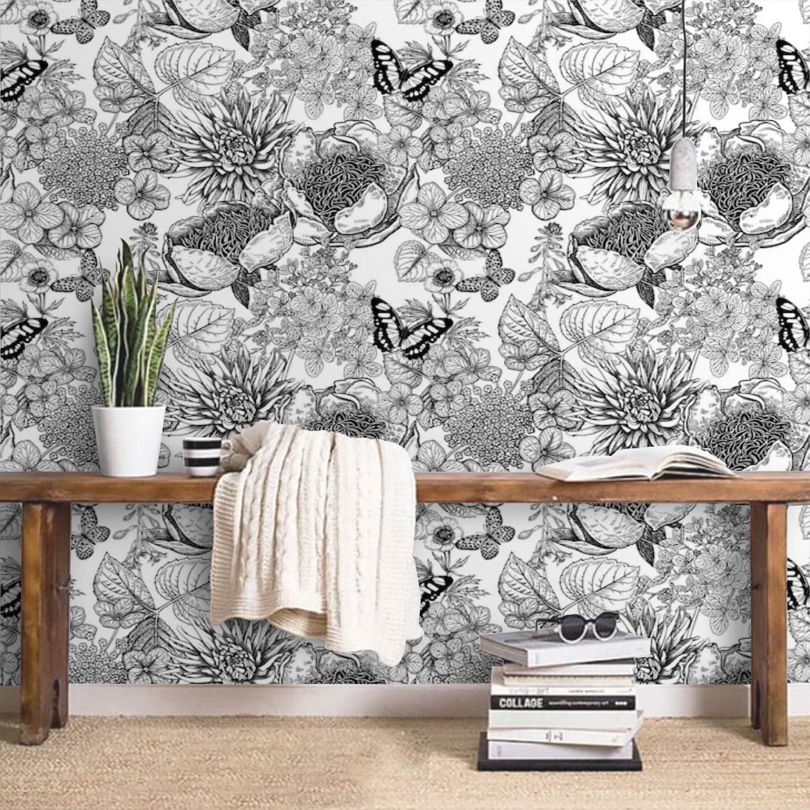 Floral Wallpaper Black and White Botanical Wall Paper | Etsy