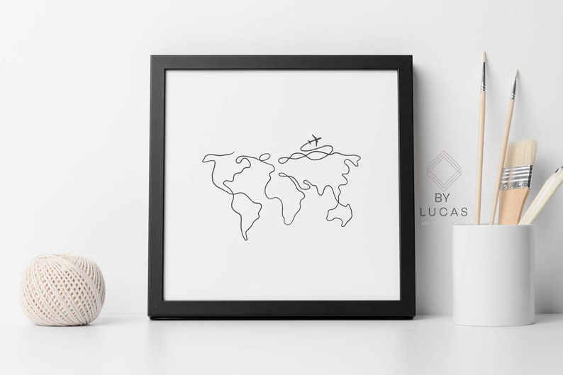 World Map Line Art Printable Single Line Drawing Art Prints | Etsy