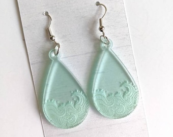Boucles d'oreilles vagues en verre imitation mer gravé