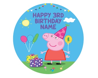 May include: A Peppa Pig themed birthday cake topper with a pink pig wearing a party hat and holding a balloon. The topper says "Happy 3rd Birthday NAME" and has a sun, clouds, and balloons in the background.