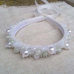 White smoke headband hair crown tiara headpiece Bridal shower wedding Gift for her woman women girl mom wife embellished beads and crystals