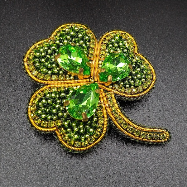 Patrick's Day Shamrock brooch clover pin clip Gift for her woman women girl mom mother wife three leaf Green olive and golden on coat jacket