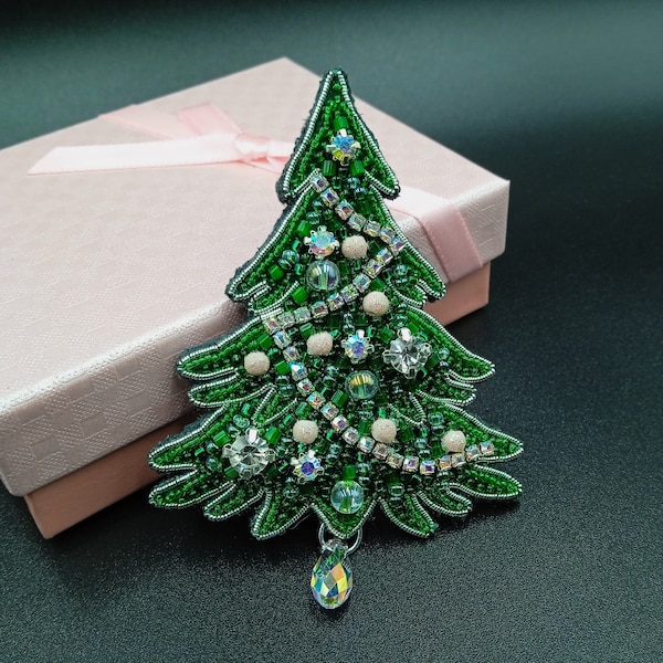 Beaded Christmas Xmas tree handmade brooch pin clip green spruce Gift for her woman women girl mom wife white AB toys on coat jacket suit