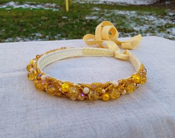 Yellow honey sunny headband Gift for her Wedding Bridal Velvet Lemon golden Crystal tiara wreath hair crown headpiece girl woman mom wife