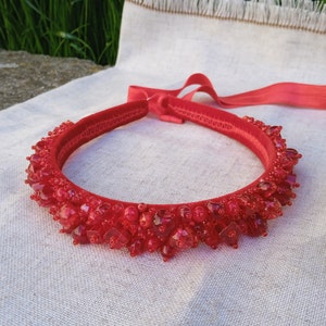 Scarlet red headband hair crown halo tiara headpiece candy apple red Gift for her woman women girl mom wife embellished beads and crystals