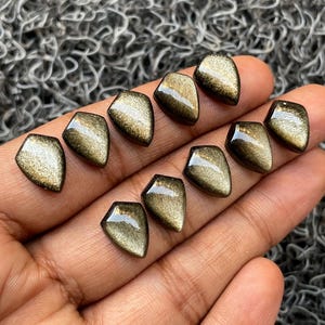 May include: Ten gold and black gemstone cabochons in a shield shape. The stones have a shimmering, iridescent effect.