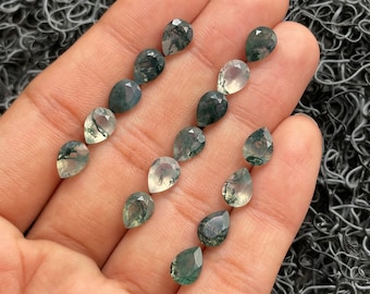 Lote de 16 piezas de gemas de ágata musgosa - Ágata musgosa natural tallada en forma de pera facetada - Tamaño 8 x 6 mm - Gemas sueltas para la fabricación de joyas - A-848
