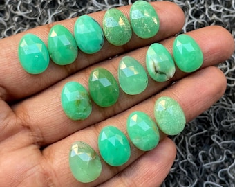 Lote de 10 piedras preciosas de crisoprasa - Crisoprasa verde natural con corte rosa, cabujón plano - Forma de huevo de crisoprasa, 10 x 14 mm - A-1373
