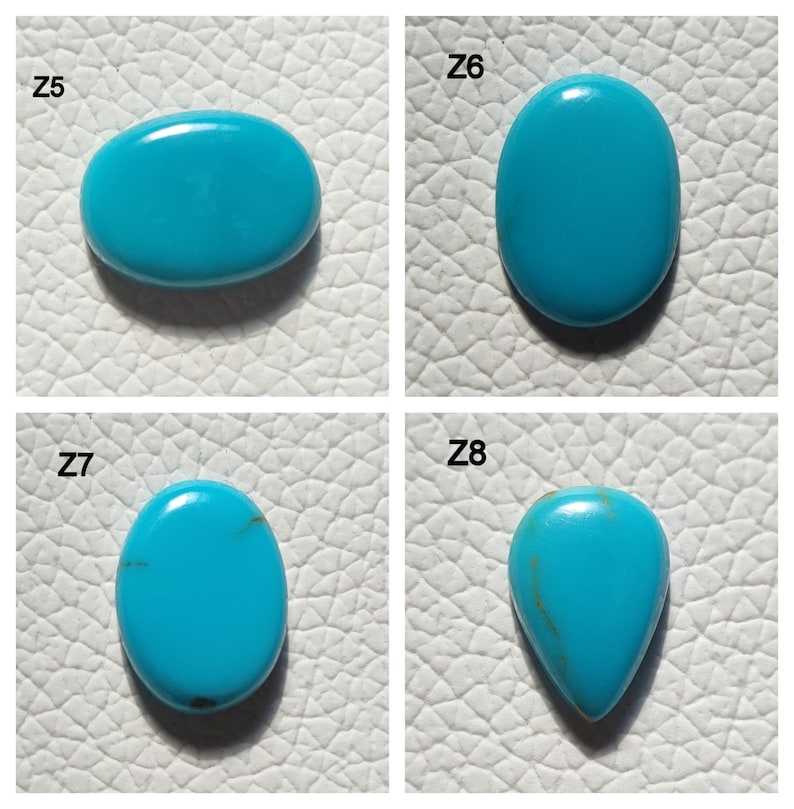 May include: Four turquoise cabochons, labeled Z5, Z6, Z7, and Z8. The stones are oval, oval, oval, and teardrop shaped, respectively.