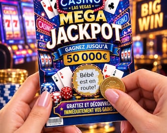 Peut inclure: Un ticket de grattage bleu Casino Mega Jackpot illustré de cartes à jouer, de machines à sous et d'une pièce d'or. Le ticket affiche le texte Casino Las Vegas, Mega Jackpot, Gagnez jusqu'à 50 000€, Bébé est en route! et Grattez et découvrez immédiatement vos gains.
