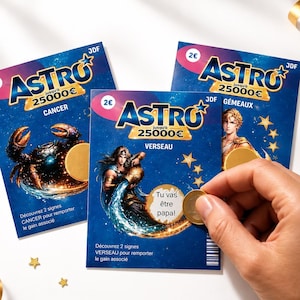 Peut inclure: Trois cartes à gratter rectangulaires bleues avec le texte ASTRO, 25000€ et les signes du zodiaque Cancer, Gémeaux et Verseau. Une carte révèle le texte Tu vas être papa dans une zone circulaire grattée par une pièce de monnaie.