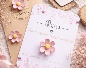 Thank you card + flower magnet, end-of-year teacher gift, nanny gift, teaching assistant gift, end-of-contract gift, nursery gift, personalized card