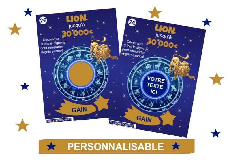 May include: Two lottery tickets with a blue background and gold accents. The tickets feature a zodiac wheel, a lion illustration, and the text "LION" and "GAIN". One ticket has the text "VOTRE TEXTE ICI".
