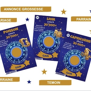 Carte à gratter signe astrologique, annonce grossesse, mariage, parrain, marraine, témoin…