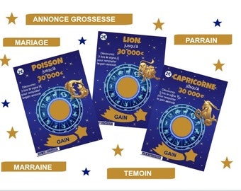 Carte à gratter signe astrologique, annonce grossesse, mariage, parrain, marraine, témoin…