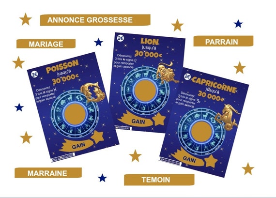 Carte à gratter signe astrologique, annonce grossesse, mariage, parrain, marraine, témoin…