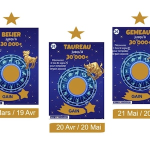 May include: Three lottery tickets with zodiac signs: Aries, Taurus, and Gemini. Each ticket features a blue background, gold stars, and the text "GAIN". The tickets display the dates associated with each zodiac sign.
