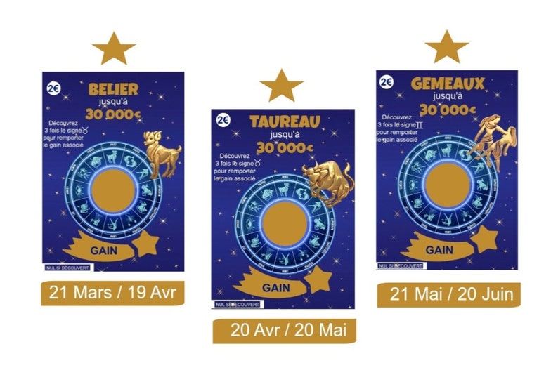 May include: Three lottery tickets with zodiac signs: Aries, Taurus, and Gemini. Each ticket features a blue background, gold stars, and the text "GAIN". The tickets display the dates associated with each zodiac sign.