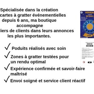 May include: Image features text in French advertising scratch-off cards. The text highlights the shop's experience, quality, and customer service. A scratch-off card with a zodiac theme is also visible, along with a detailed document.