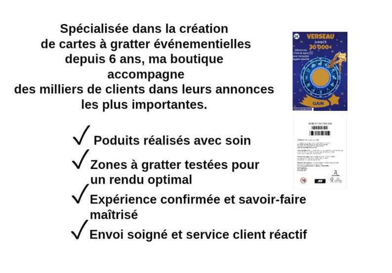 May include: Image features text in French advertising scratch-off cards. The text highlights the shop's experience, quality, and customer service. A scratch-off card with a zodiac theme is also visible, along with a detailed document.