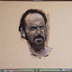 Oil painting modern classic portrait virile Mexican American man wrinkled expressive handmade character on wood varnish unique cowboy