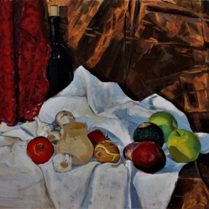 still life painting peinture originale à l'huile nature morte coloré rouge œuvre classique colorful kitchen art fruit et légume poster mural