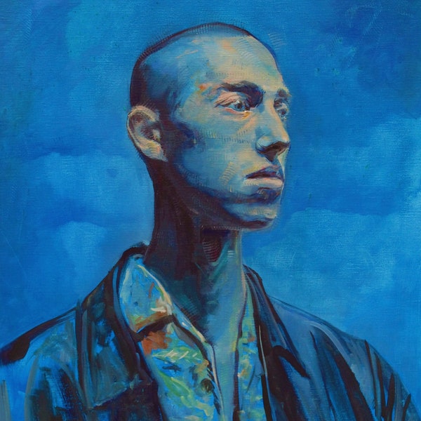 Peintre contemporain peinture original sur toile à l'huile bleu de céruléum profond portrait jeune homme visage mannequin écrivain artiste