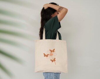Canvas Tote Bag Flower, Butterflies and Flowers, Tote Bag Aesthetic Minimalist, Floral Tote Bag Canvas