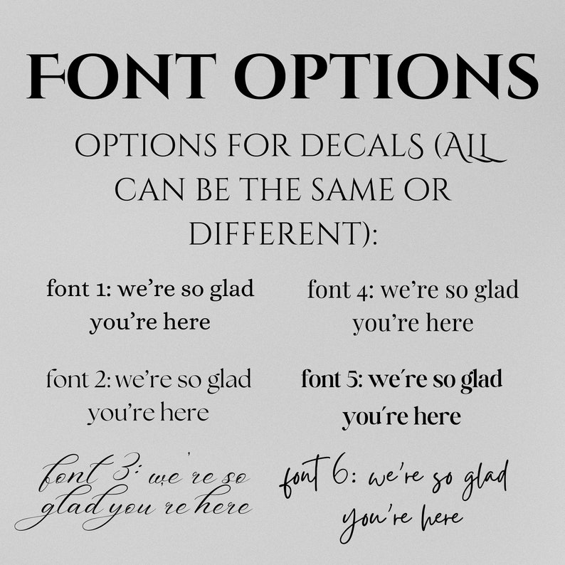 Op de afbeelding: Een grafiek met zes verschillende lettertypen voor stickers. De tekst luidt "FONT OPTIONS" en "OPTIONS FOR DECALS (ALL CAN BE THE SAME OR DIFFERENT):" gevolgd door zes voorbeelden van de tekst "we're so glad you're here" in verschillende lettertypen.