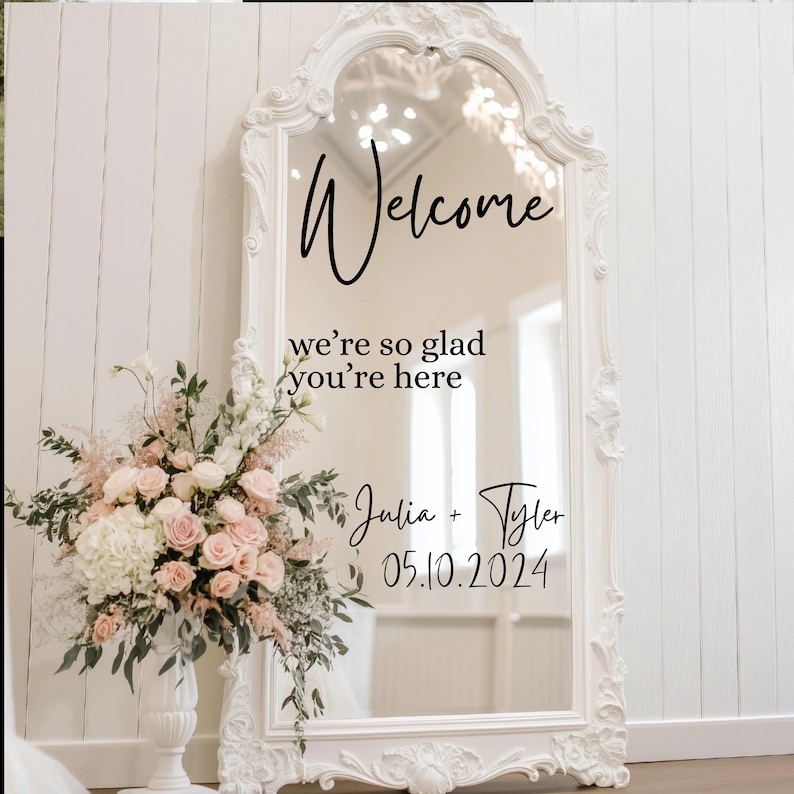 Wedding Mirror Decal | Wedding Mirror Sign | Wedding Decal for Mirror | Welcome Sign Decal | Couple Name Sticker | Welcome Sign Sticker afbeelding 1