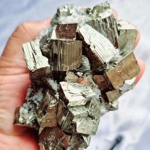 Pyrite Cubic with calcite quartz 430grams Pyrite Cube Specimen Natural Energy high quality pyrite matrix raw minerals from huanzala Peru.