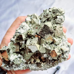Big Pyrite Cubic with calcite quartz 1.22kg Pyrite Cube Specimen Natural Energy high quality pyrite matrix raw minerals from huanzala Peru.