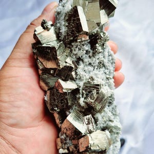 Pyrite Cubic with calcite quartz 600grams Pyrite Cube Specimen Natural Energy high quality pyrite matrix raw minerals from huanzala Peru.