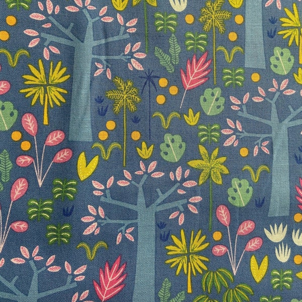 Endearing Forest Scene, “Under the Canopy - Blue Forest” from Riley Blake, Rain Forest Trees and Flowers, 44” Wide Cotton, 1/2 yd