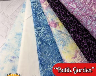 MISTERIO CINCO-0 Happy Go Lucky "Batik Garden" / Paquete de 6 Fat Quarters con evento misterioso GRATIS / Kit de acolchado / Estampado floral llamativo / Ideal para principiantes