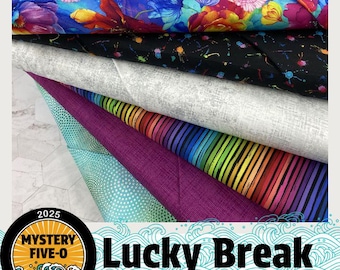 MYSTERY FIVE-0 Lucky Break / Paquete de 6 Fat Quarter con patrón misterioso GRATIS / Kit de edredón / Diseño floral llamativo en colores primarios / Apto para principiantes