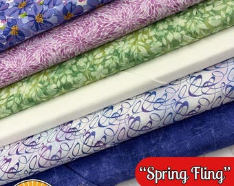MISTERIO CINCO-0 Happy Go Lucky "Spring Fling" / Paquete de 6 Fat Quarters con evento misterioso GRATIS / Kit de acolchado / Estampado floral suave / Ideal para principiantes