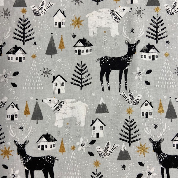 Modern Winter Holiday, "Peace on Earth - Animals" by 3 Wishes, Black/White/Gray w/Gold Metallic, Quilt Quality Cotton, 44" Wide, per 1/2 yd