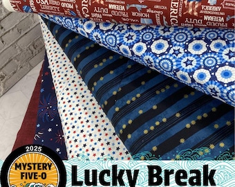 MYSTERY FIVE-0 Lucky Break / Paquete de 6 cuartos de grasa con patrón misterioso GRATIS / Kit de edredón / Rojo, blanco y azul patriótico / Apto para principiantes
