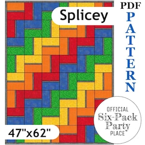 May include: A colourful quilt pattern labelled "Splicey" with dimensions of 119cm x 157cm. The design features a patchwork of rectangular blocks in red, blue, green, yellow, and orange. The text "PDF PATTERN" is visible.